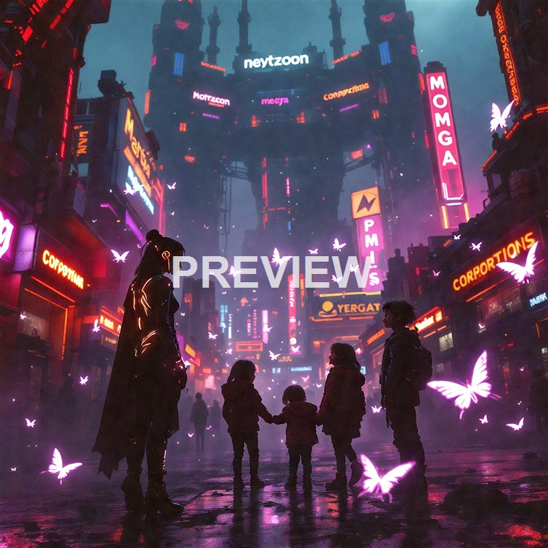 A group of children and an adult standing in a neon-lit, futuristic cityscape with tall buildings, glowing signs, and glowing butterflies floating around, creating a vibrant, cyberpunk atmosphere.